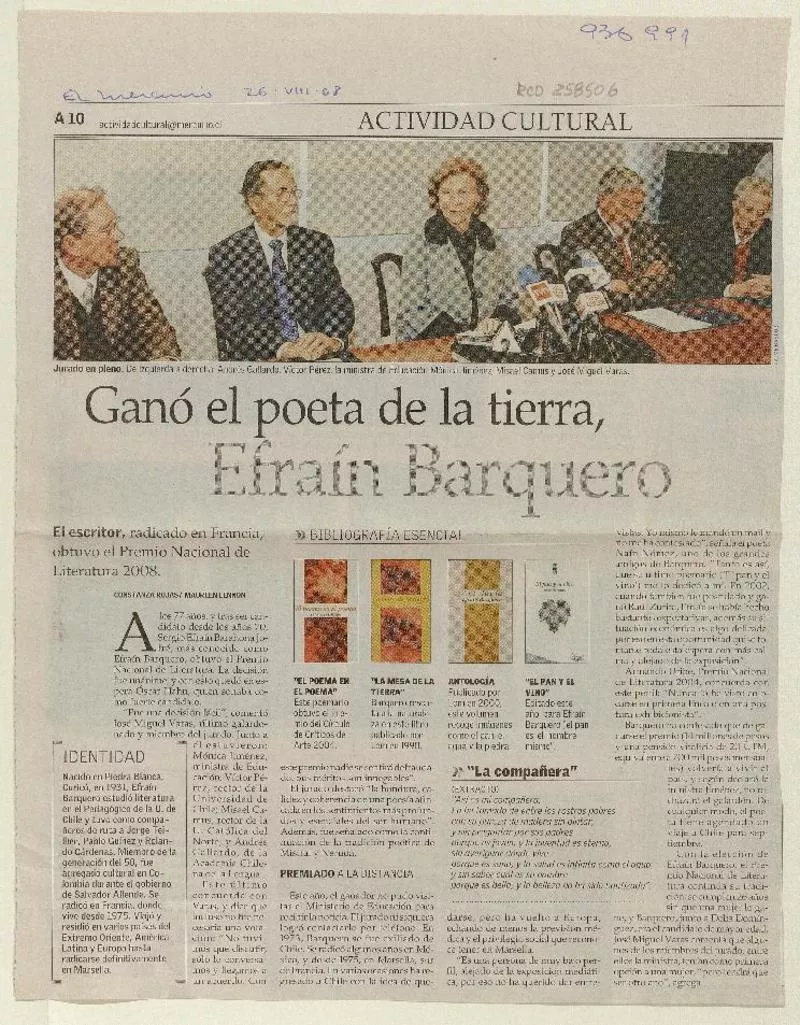 Ganó el poeta de la tierra, Efraín Barquero  [artículo] Constanza Rojas <y> Maureen Lennon.