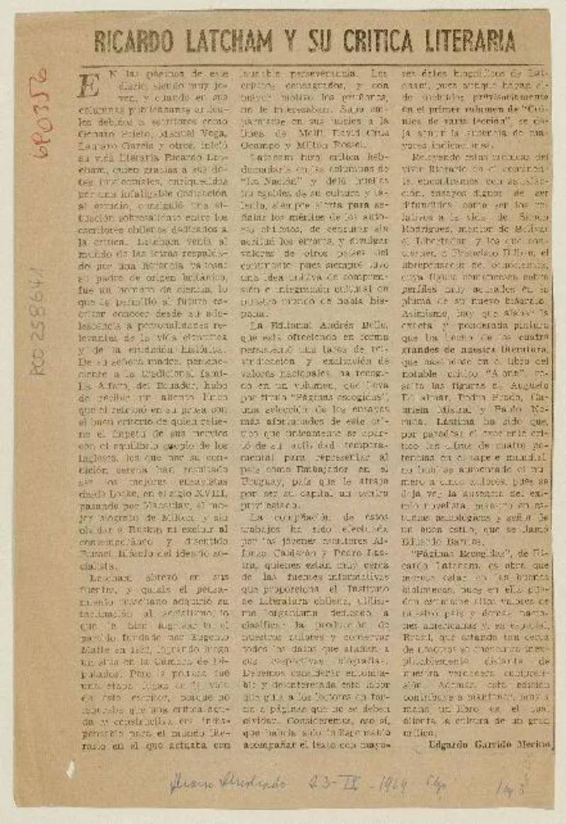 Ricardo Latcham y su crítica literaria  [artículo] Edgardo Garrido Merino.