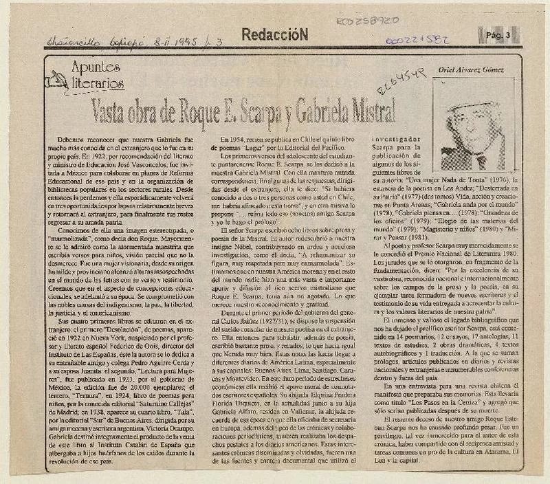 Vasta obra de Roque E. Scarpa y Gabriela Mistral  [artículo] Oriel Alvarez Gómez.