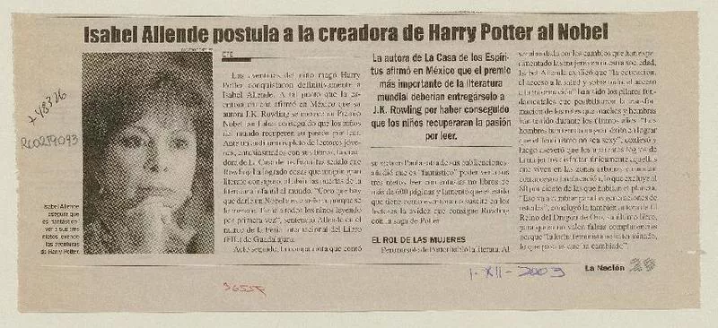 Isabel Allende postula a la creadora de Harry Potter al Nobel  [artículo] EFE.
