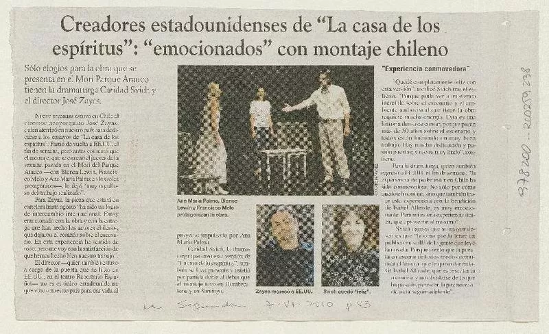 Creadores estadounidenses de "La casa de los espíritus": "emocionados" con montaje chileno  [artículo].