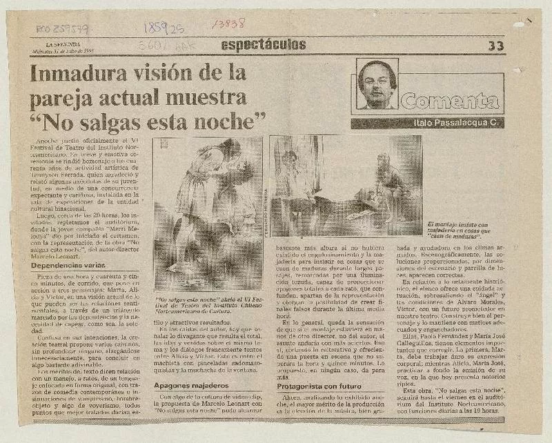 Inmadura visión de la pareja actual muestra "No salgas esta noche"  [artículo] Italo Passalacqua C.