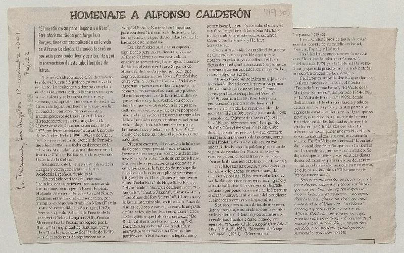 Homenaje a Alfonso Calderón  [artículo].