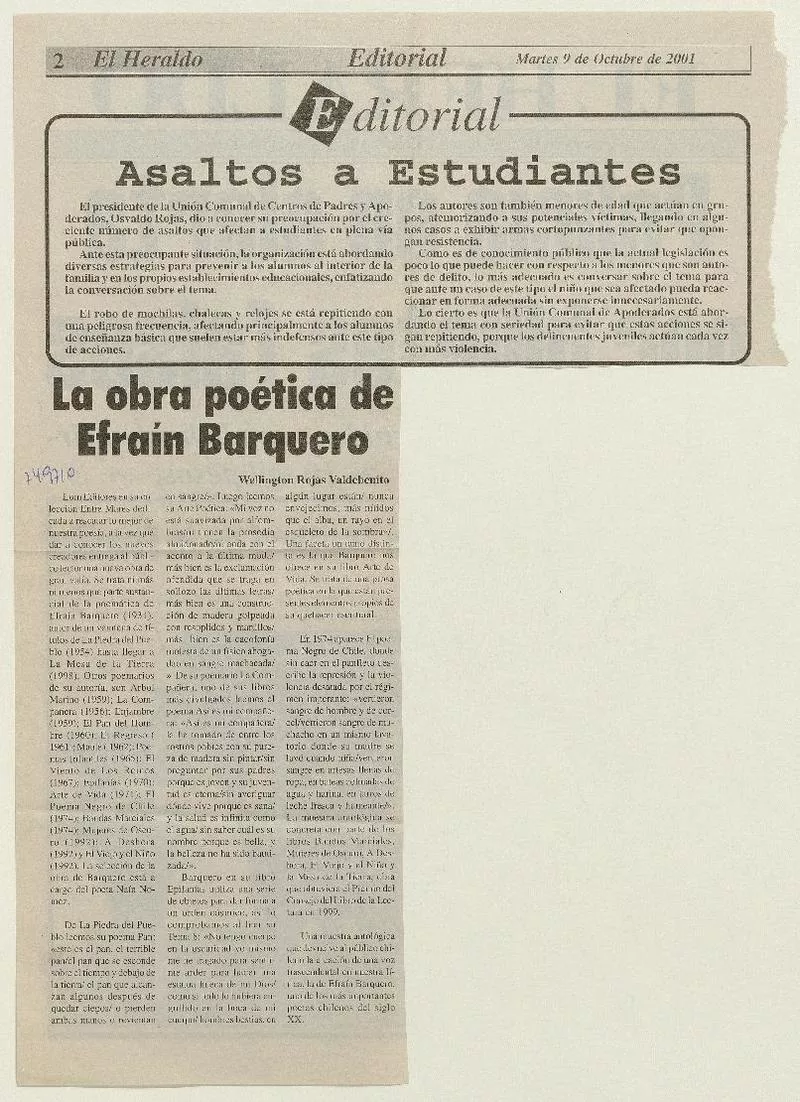 La obra poética de Efraín Barquero  [artículo] Wellington Rojas Valdebenito.