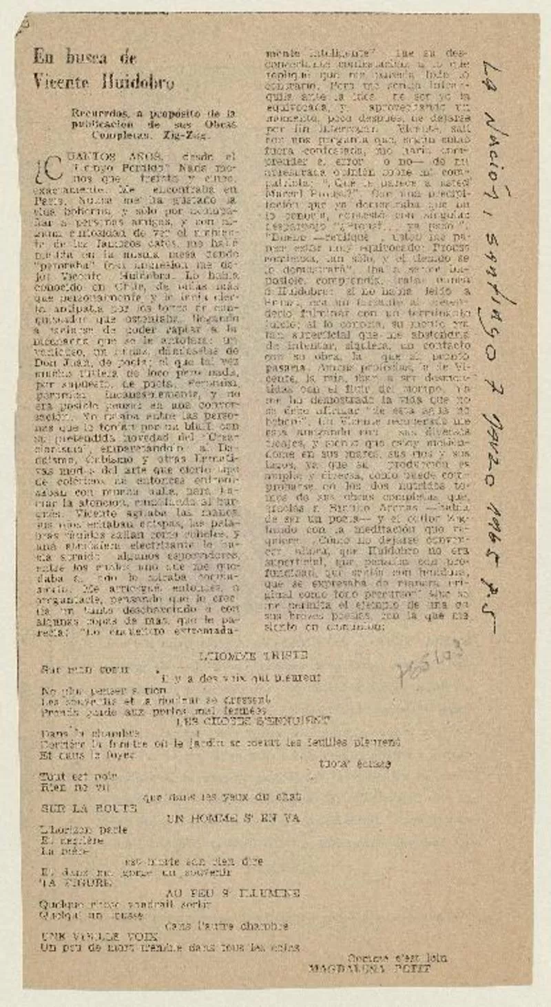 En busca de Vicente Huidobro  [artículo] Magdalena Petit.