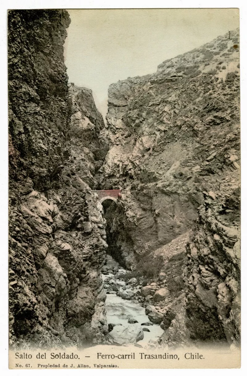 Salto del Soldado - Ferro-carril Trasandino, Chile : [Paso del ferrocarril trasandino sobre el Salto del Soldado] [fotografía] J. Allan.