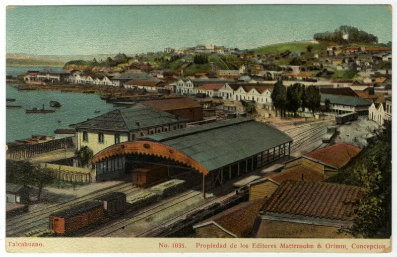 [Puerto de Talcahuano; vista de la estación, inaugurada en 1874]  [fotografía] Mattensohn & Grimm.