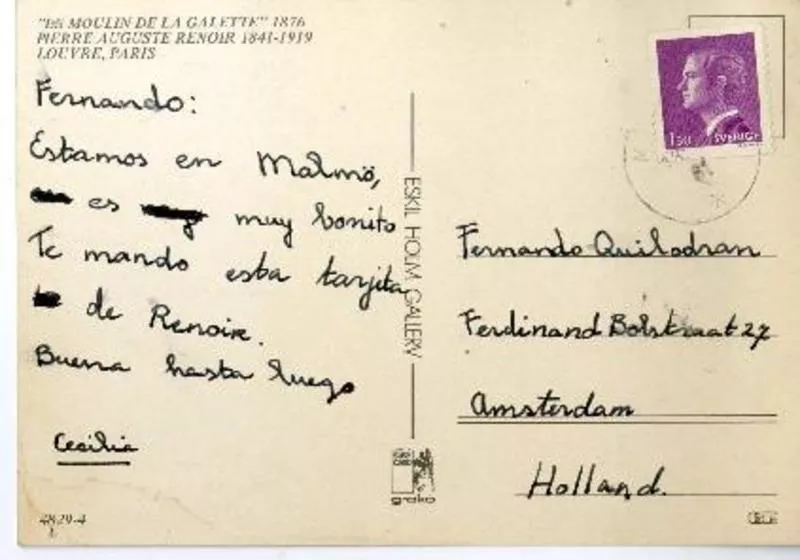 España, Suecia y Bélgica [a] Fernando Quilodrán, Ámsterdam [manuscrito].