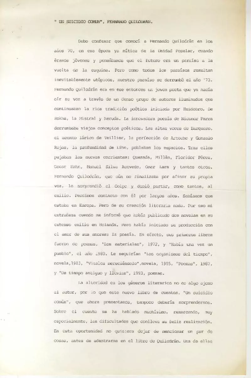 Un suicidio común, Fernando Quilodrán  [manuscrito] Ramiro Rivas.