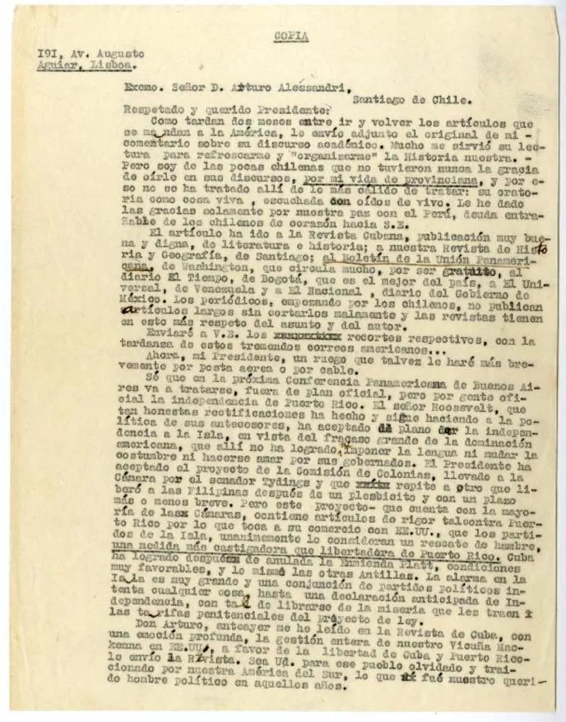 Portugal [al] Excelentisimo Señor D. Arturo Alessandri [manuscrito] Gabriela Mistral.