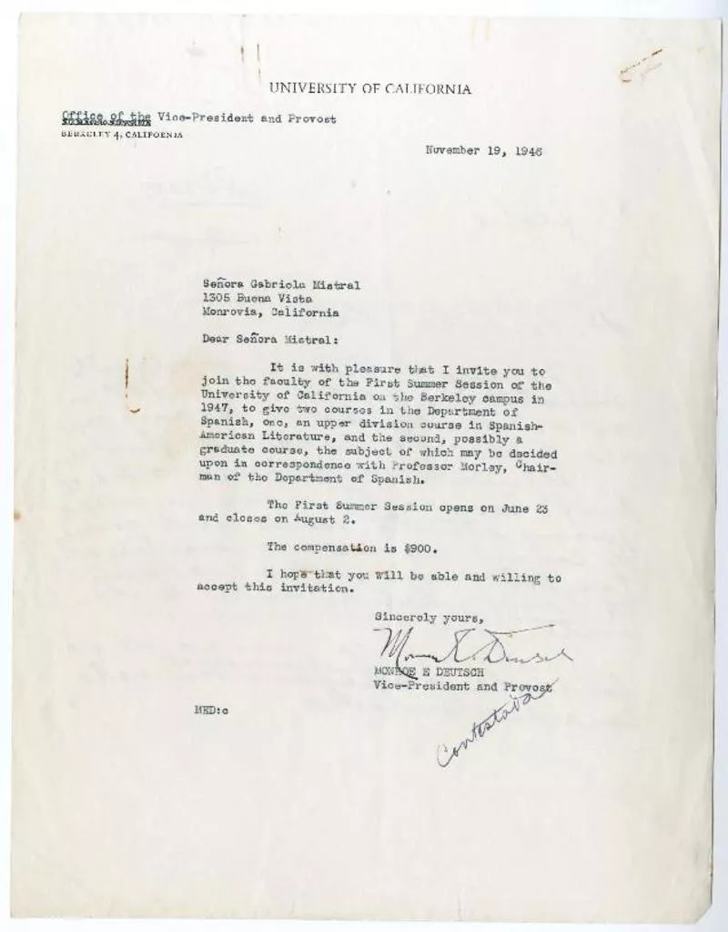 California [a] Gabriela Mistral [manuscrito] Monroe Deutsch.