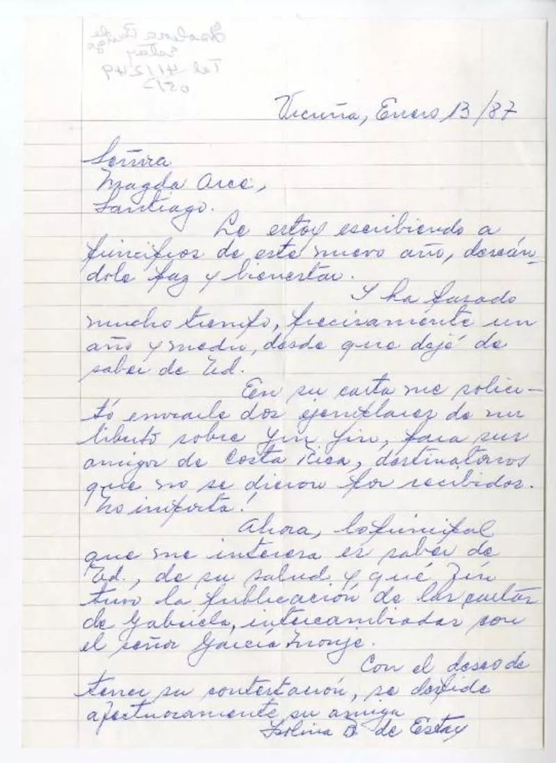 Chile [a] Magda Arce [manuscrito] Isolina Barraza de Estay.