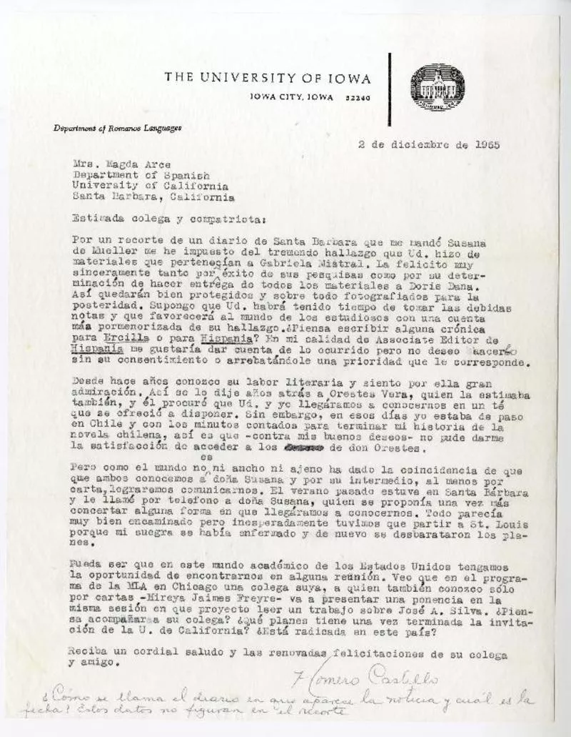 Iowa [a] Magda Arce, Department of Spanish, University of California, Santa Barbara [manuscrito] Homero Castillo.