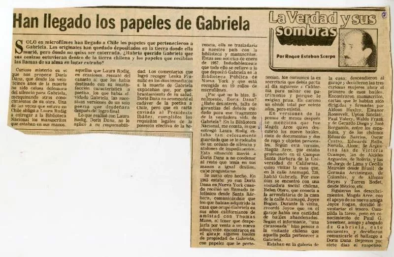 Han llegado los papeles de Gabriela  [artículo] Roque Esteban Scarpa.