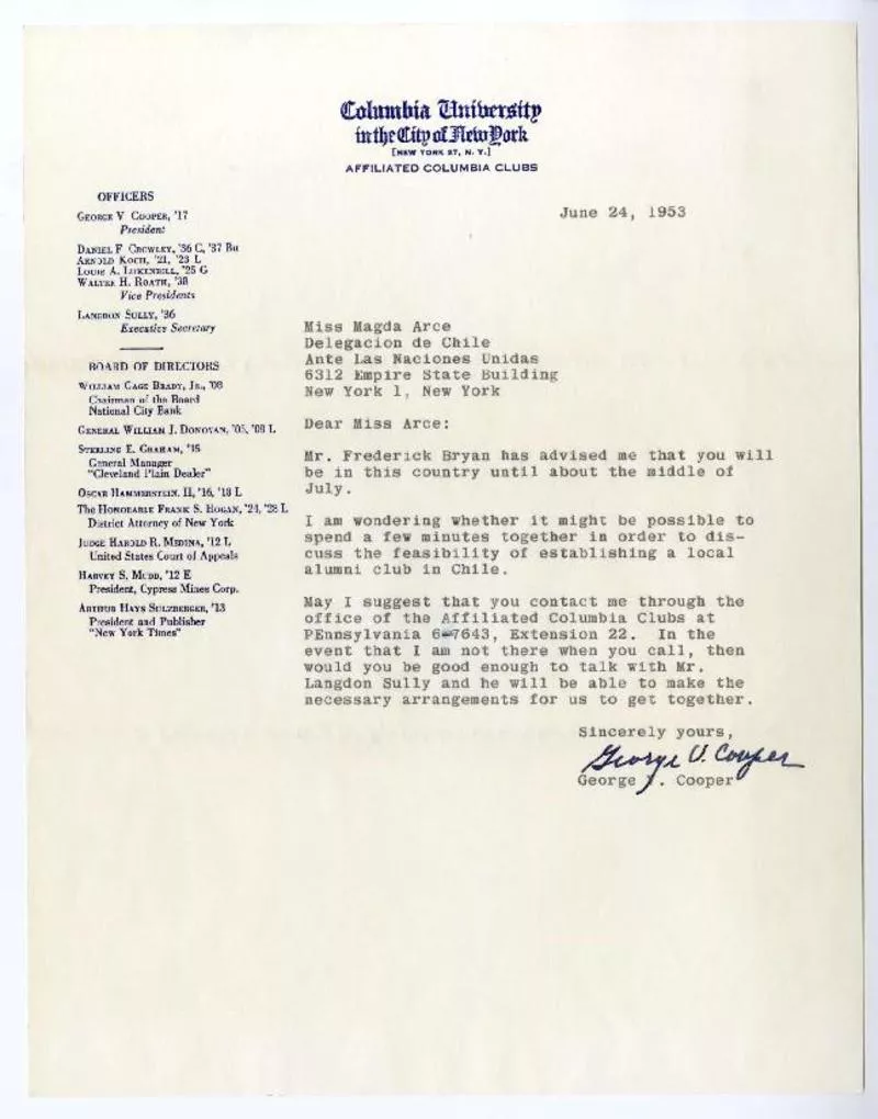 New York [a] Magda Arce, Delegación de Chile ante Las Naciones Unidas, New York [manuscrito] George Cooper V.