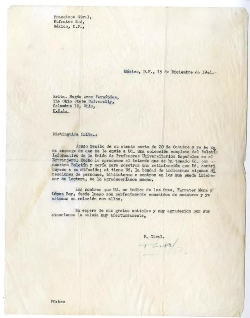 México, D.F. [a] Magda Arce Fernández, The Ohio State University, Columbus, Ohio [manuscrito] Francisco Giral.