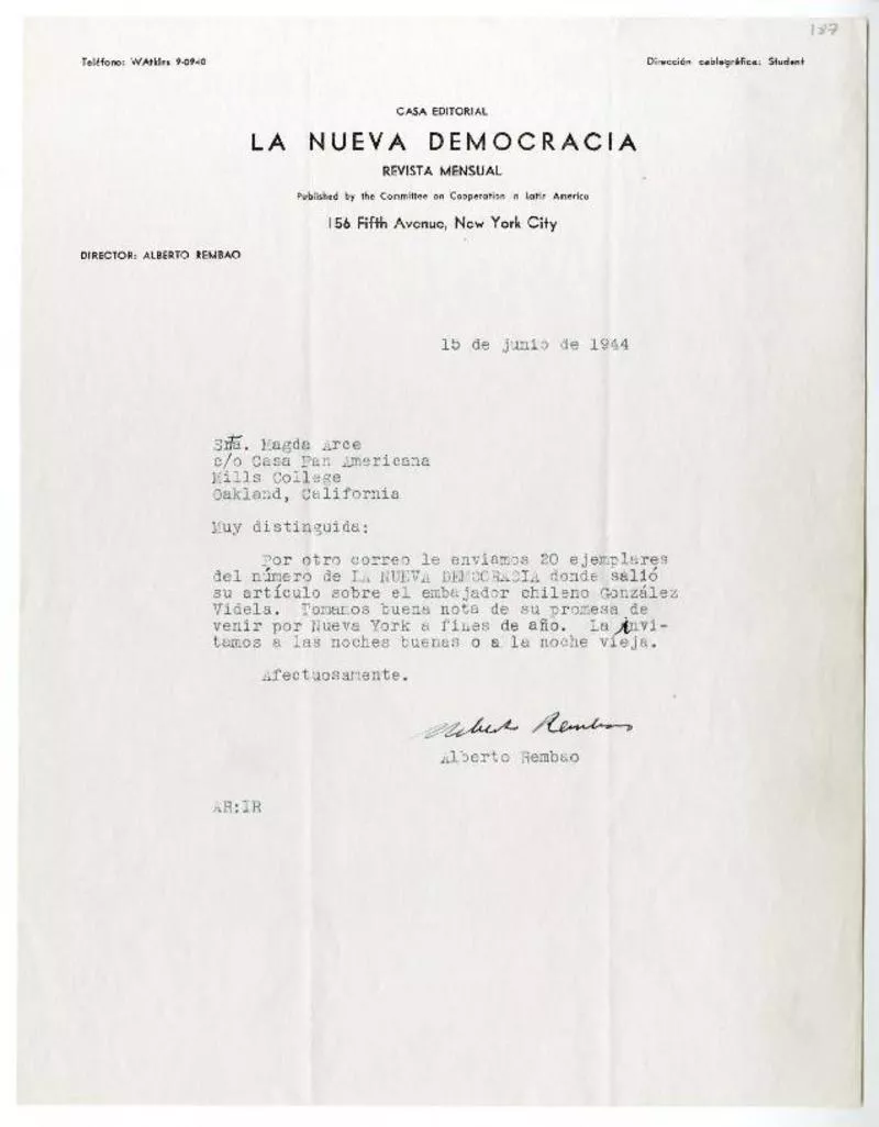 New York [a] Magda Arce [manuscrito] Alberto Rembao.