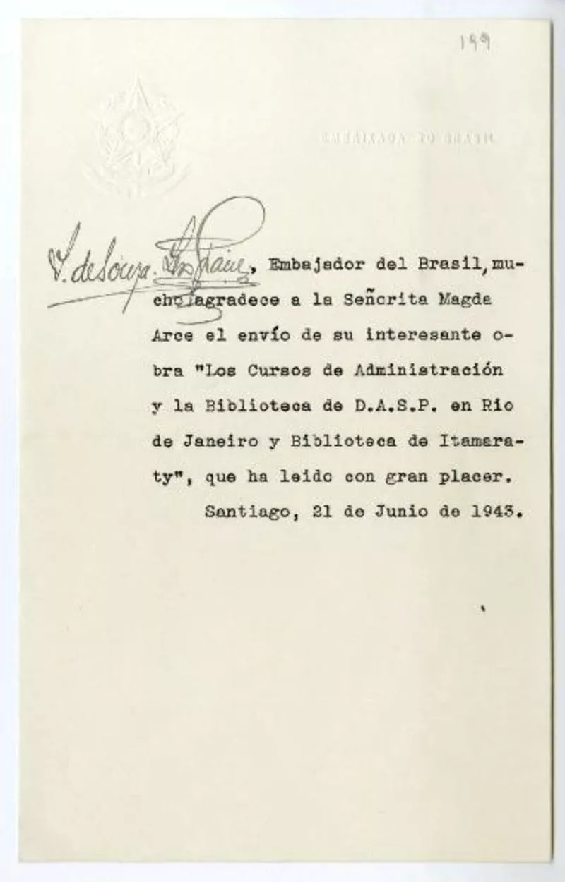 Santiago, Chile [a] Magda Arce [manuscrito] Samuel de Souza-Leao Gracie.