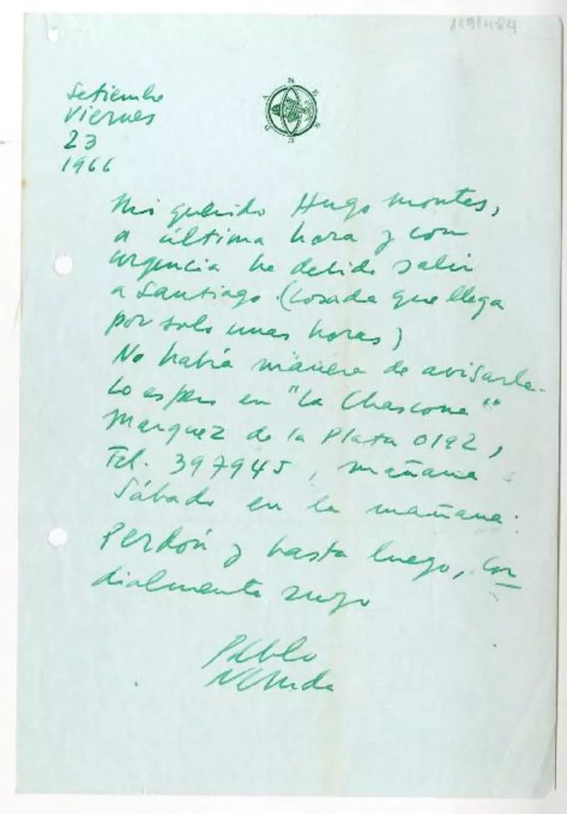 Isla Negra, Chile [a] Hugo Montes [manuscrito] Pablo Neruda.