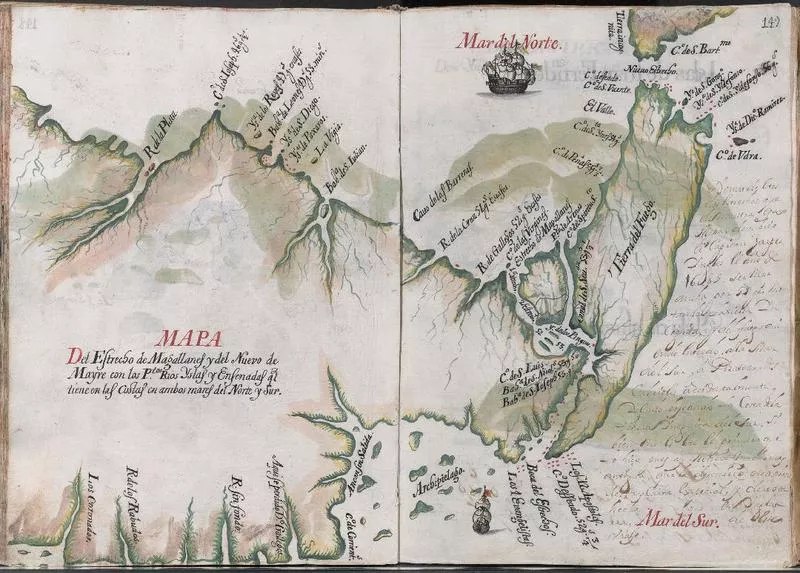 Mapa del Estrecho de Magallanes y del nuevo del Mayre con los puertos, ríos, islas y ensenadas que tiene en las costas en ambos mares del norte y del sur. [material cartográfico] :