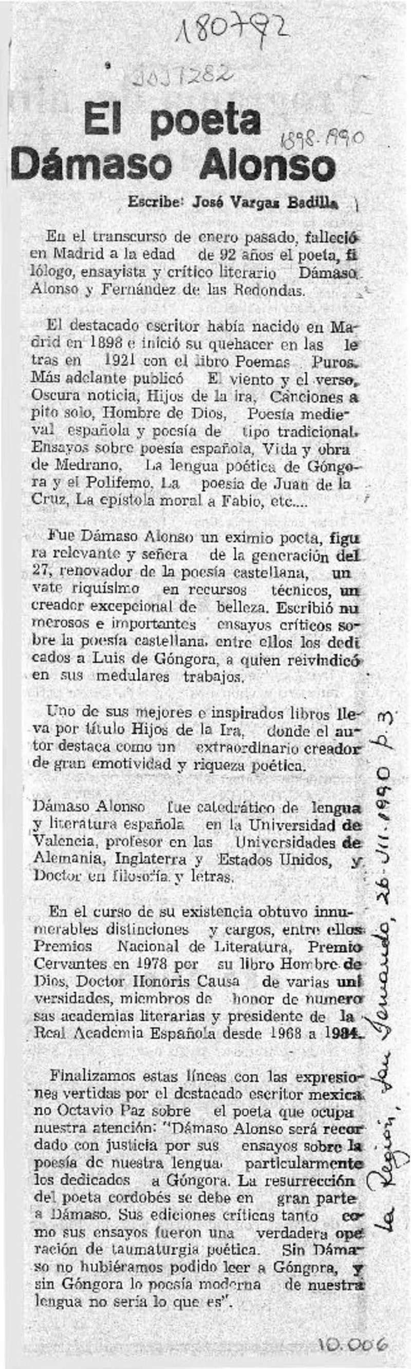 El poeta Dámaso Alonso  [artículo] José Vargas Badilla.