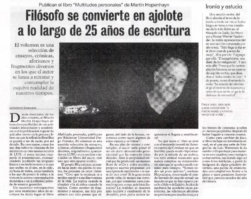 Filósofo se convierte en ajolote a lo largo de 25 años de escritura  [artículo] : Leonardo Sanhueza.