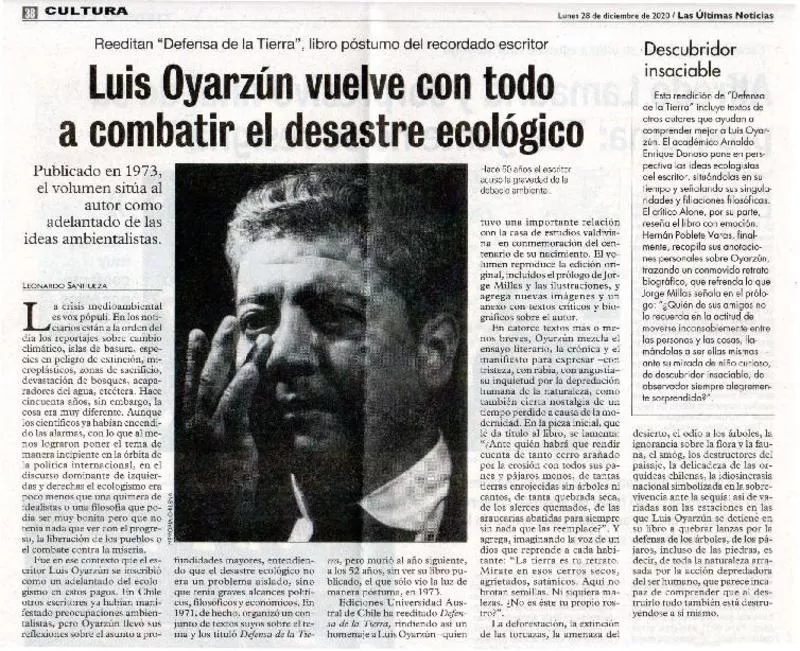 Luis Oyarzún vuelve con todo a combatir el desastre ecológico  [artículo] Leonardo Sanhueza.