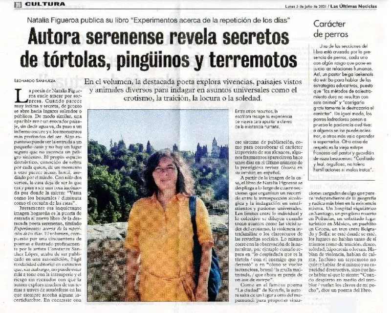 Autora serenense revela secretos de tórtolas, pinguinos y terremotos  [artículo] Leonardo Sanhueza.