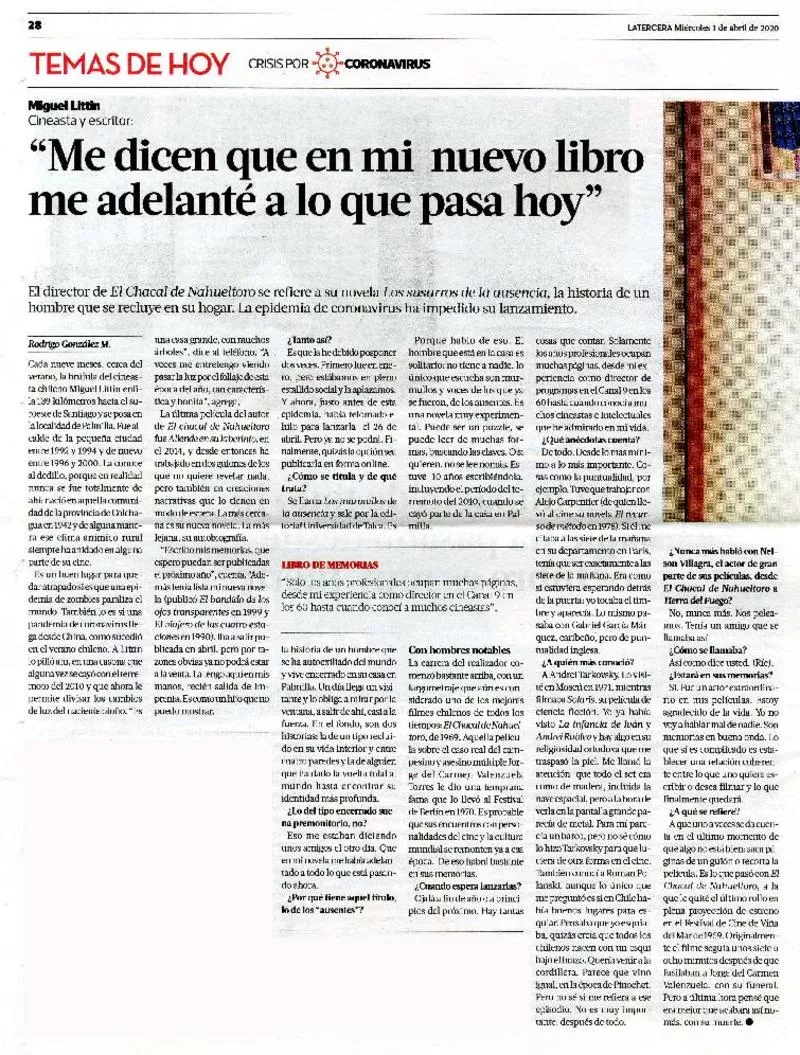 "Me dicen que en mi nuevo libro me adelanté a lo que pasa hoy" [entrevista] [artículo] : Rodrigo Gonzalez M.