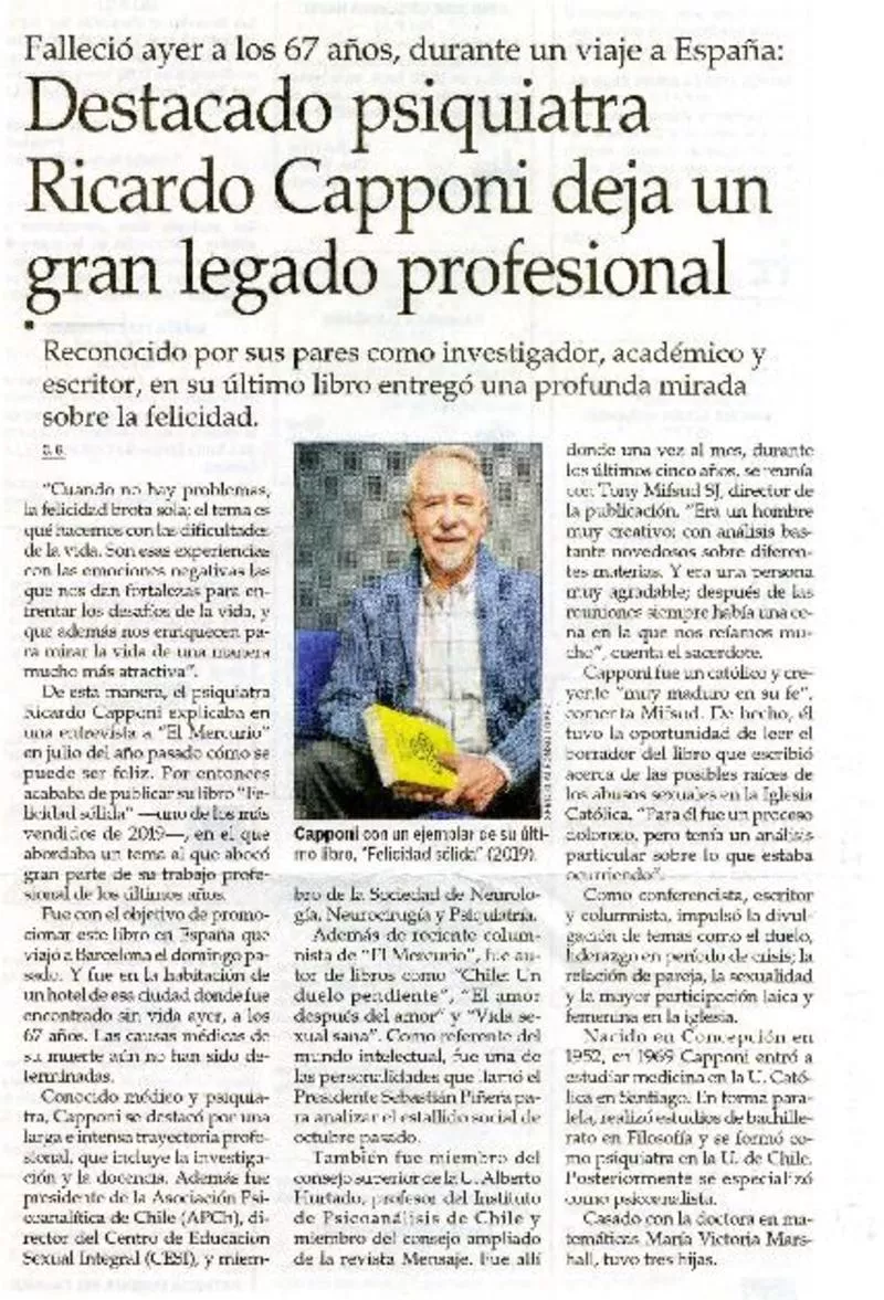Destacado psiquiatra Ricardo Capponi deja un gran legado profesional  [artículo] C. G.