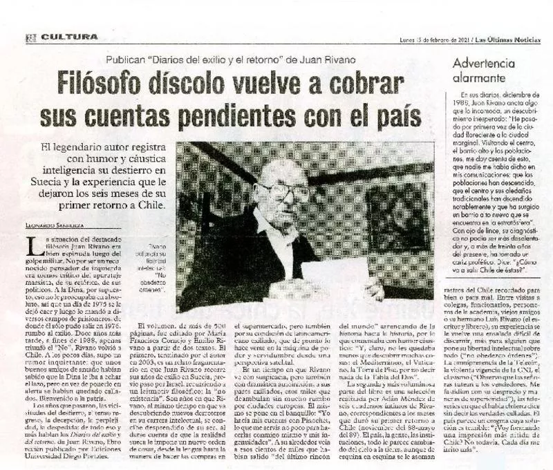 Filósofo díscolo vuelve a cobrar sus cuentas pendientes con el país  [artículo] Sangueza Leonardo.