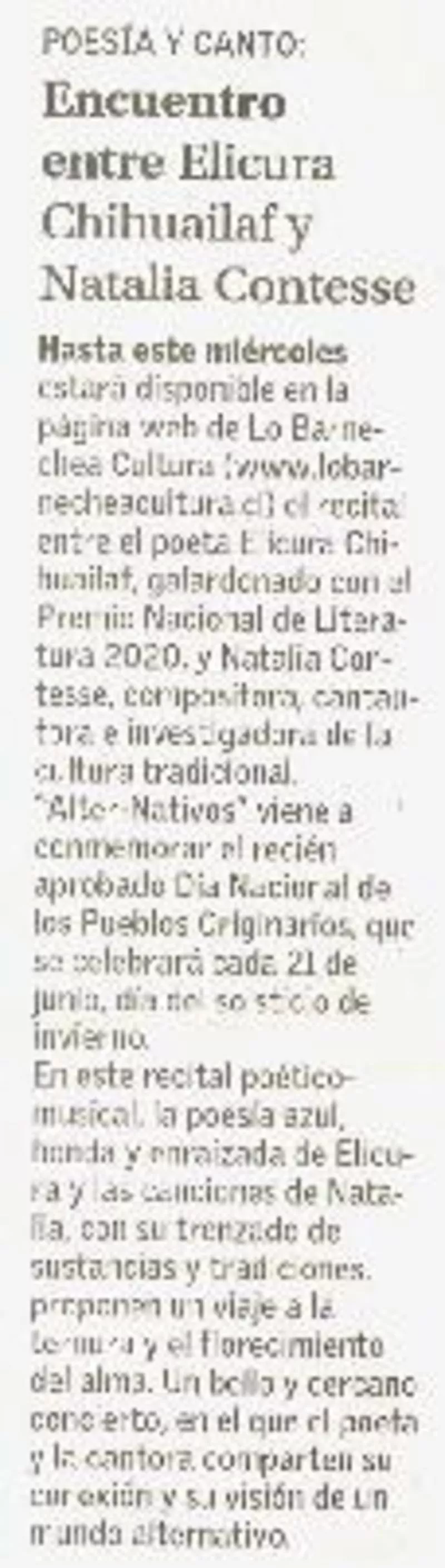 Encuentro entre Elicura Chihuailaf y Natalia Contesse  [artículo].