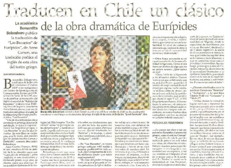 Traducen en Chile un clásico de la obra dramática de Eurípides [entrevista] : [artículo] Juan Antonio Muñoz H.