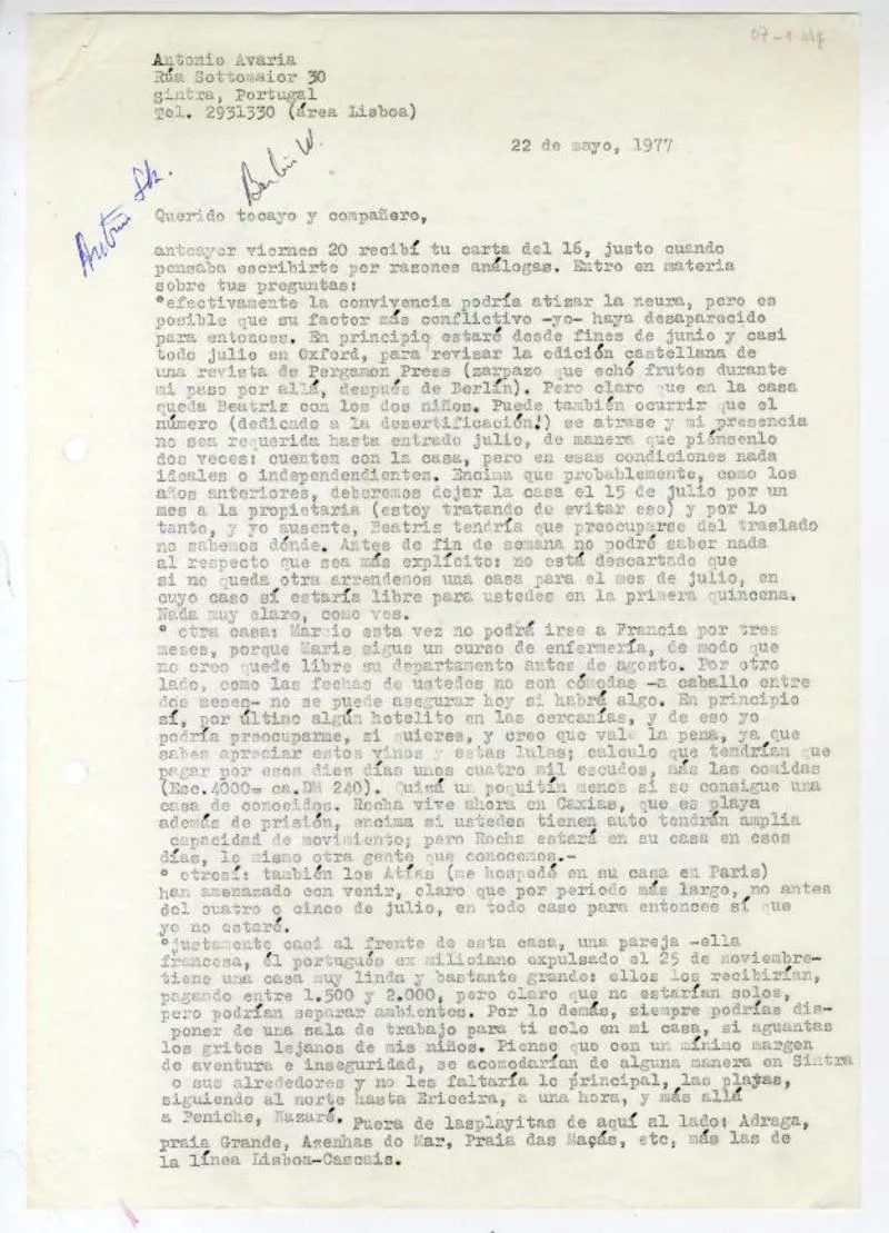 Portugal [a] Antonio Skarmeta [manuscrito] Antonio Avaria.