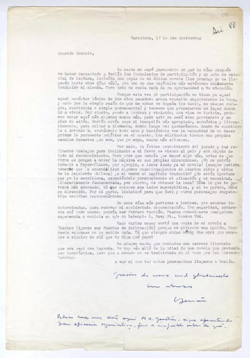 Barcelona, España [a] Antonio Avaría, Berlin, alemania [manuscrito] Hernán Valdés.
