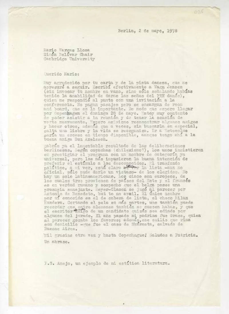 Berlin, Alemania [a] Mario Vargas Llosa, Cambridge [manuscrito] Antonio Avaria.