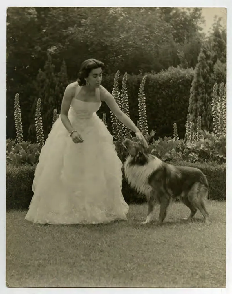 [Niña adolescente en un jardín; luce un vestido largo de organdí bordado, con breteles anudado al cuello, arete y pulsera, acaricia un perro Collie]  [fotografía] Bob Borowicz.