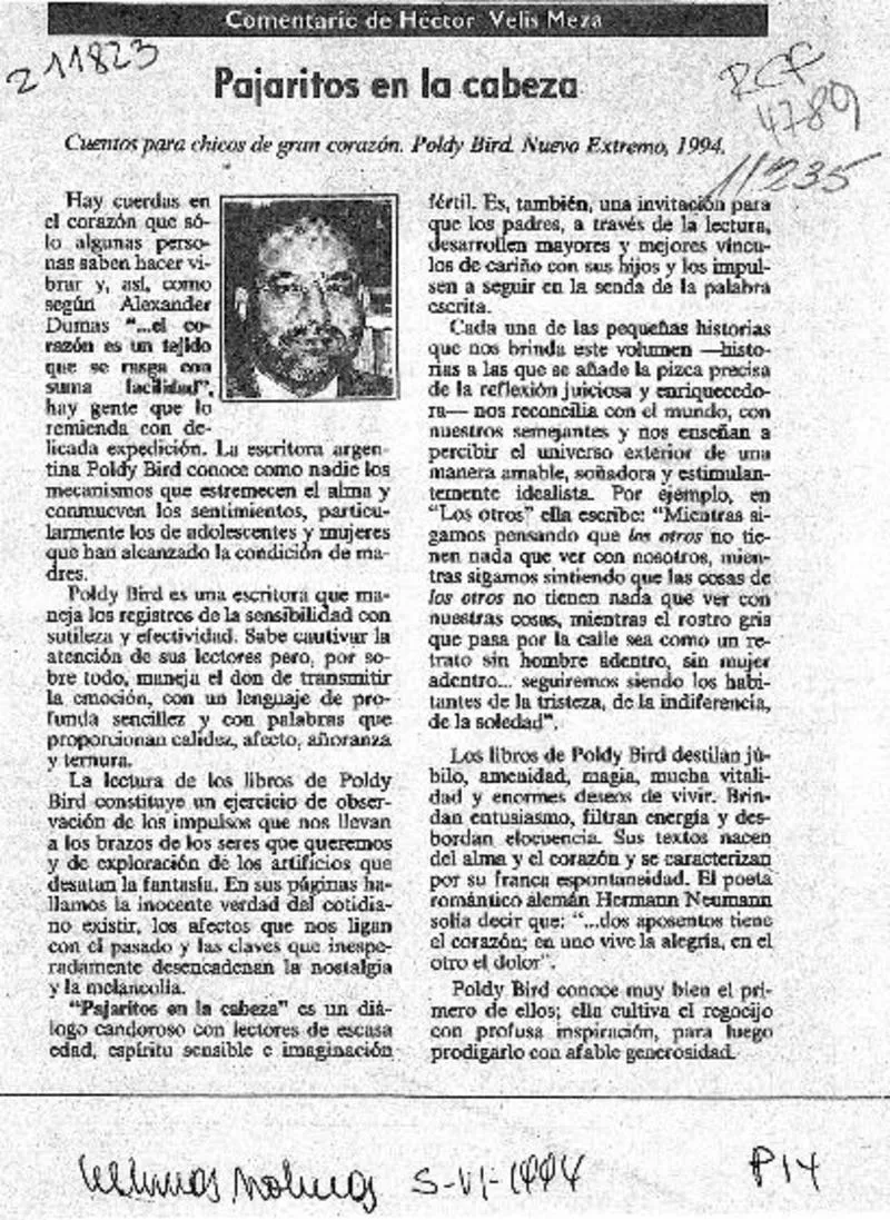 Pajaritos en la cabeza  [artículo] Héctor Velis Meza.