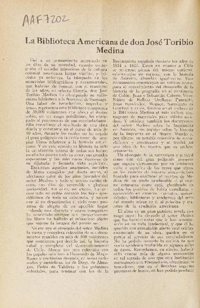 La Biblioteca Americana de Don José Toribio Medina.