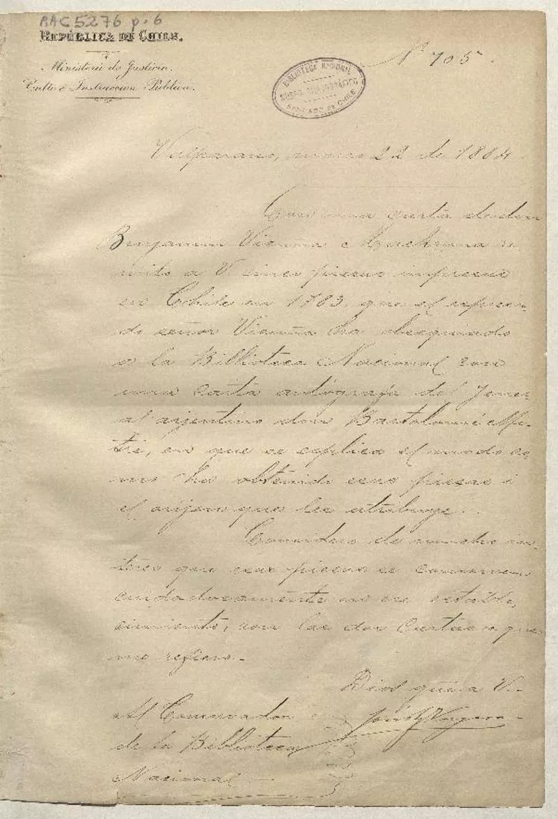 [Carta] 1884 Marzo 22, Valparaiso [para] Conservador de la Biblioteca Nacional José I. Vergara.