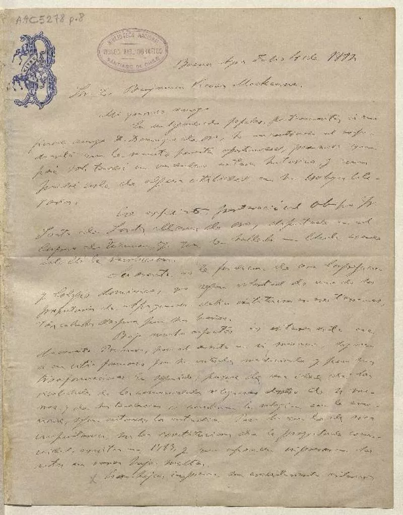 [Carta] 1882 Julio 4, Buenos Aires [para] Benjamin Vicuña Mackenna.