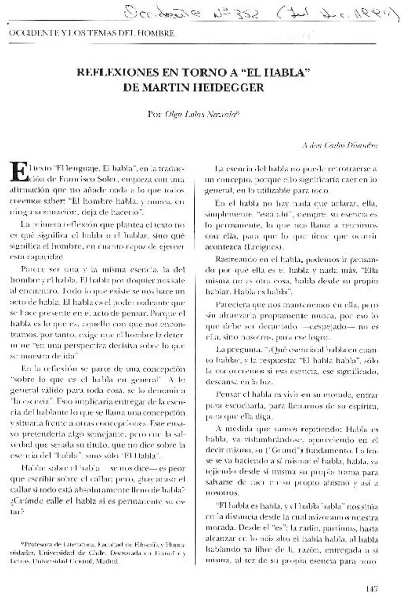 Reflexiones en torno a "el habla" de Martin Heidegger  [artículo] Olga Lolas Nazrala.