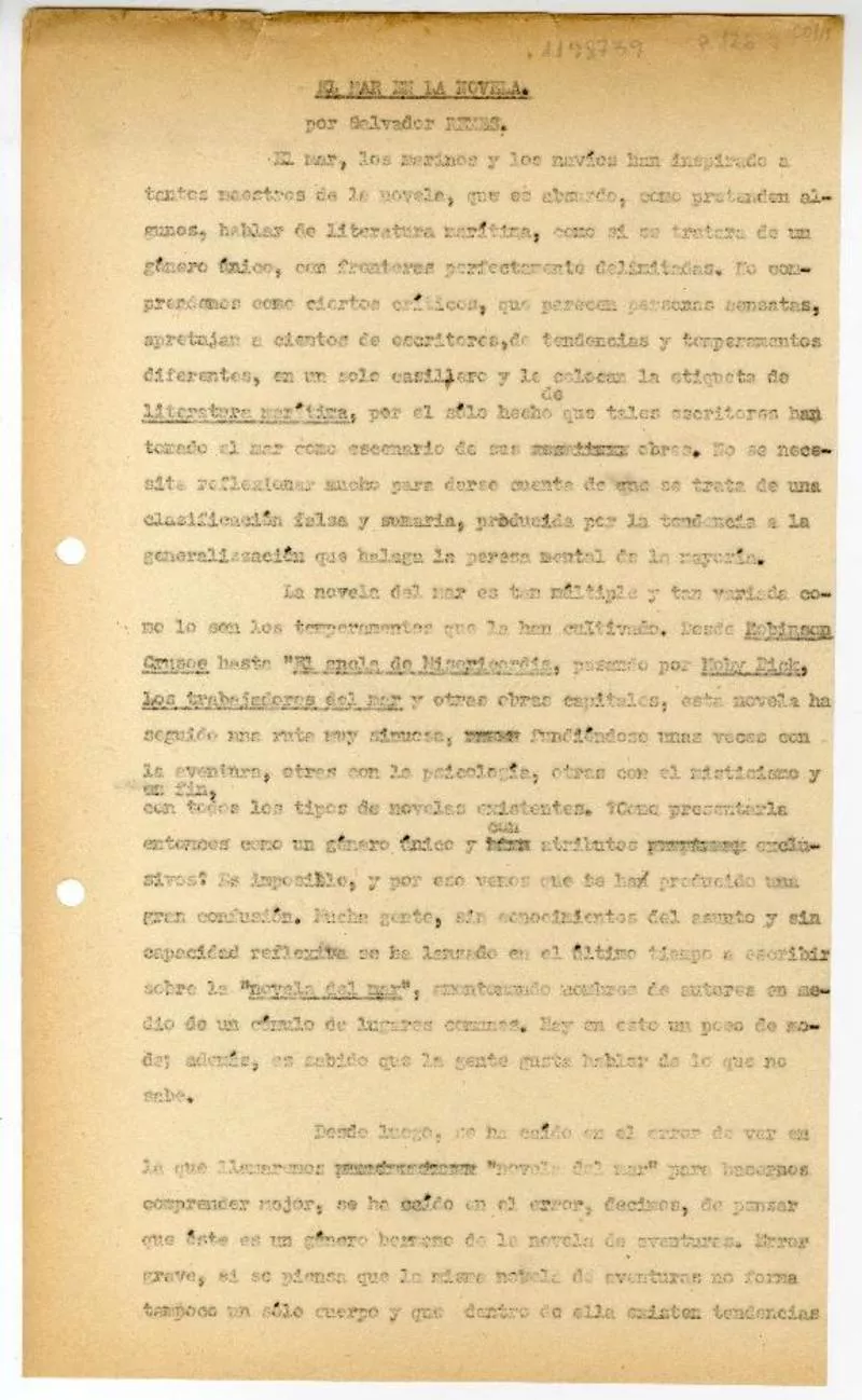 El mar en la novela  [manuscrito] Salvador Reyes.