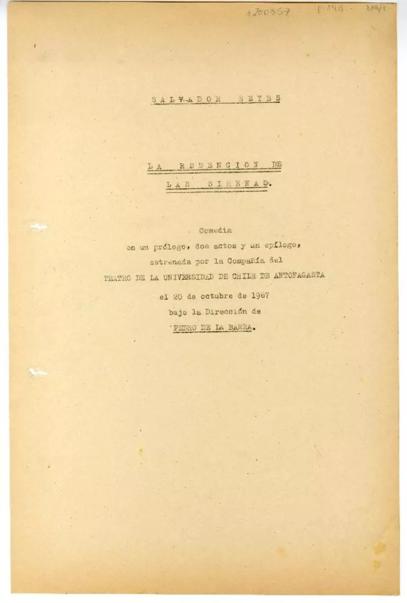 La redención de las sirenas  [manuscrito] Salvador Reyes.