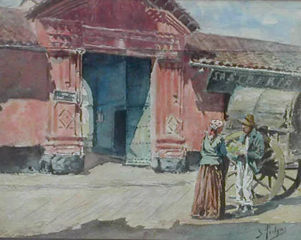 Portón colonial, verdulero y cocinero