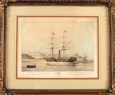 El vapor Chile de la Compañía de Navegación del Pacífico por medio del vapor entrando en el Puerto del Callao