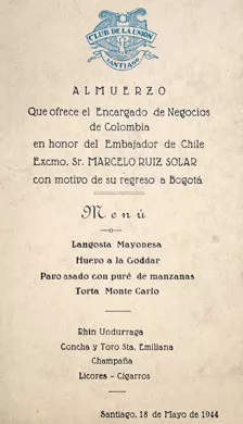 Menú en honor de Marcelo Ruiz Solar