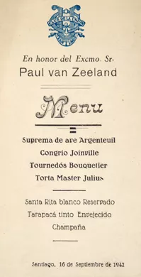 Menú en honor de Paul van Zeeland 