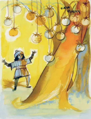 Arbol y personaje en amarillo
