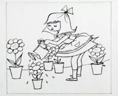 Niña regando flores